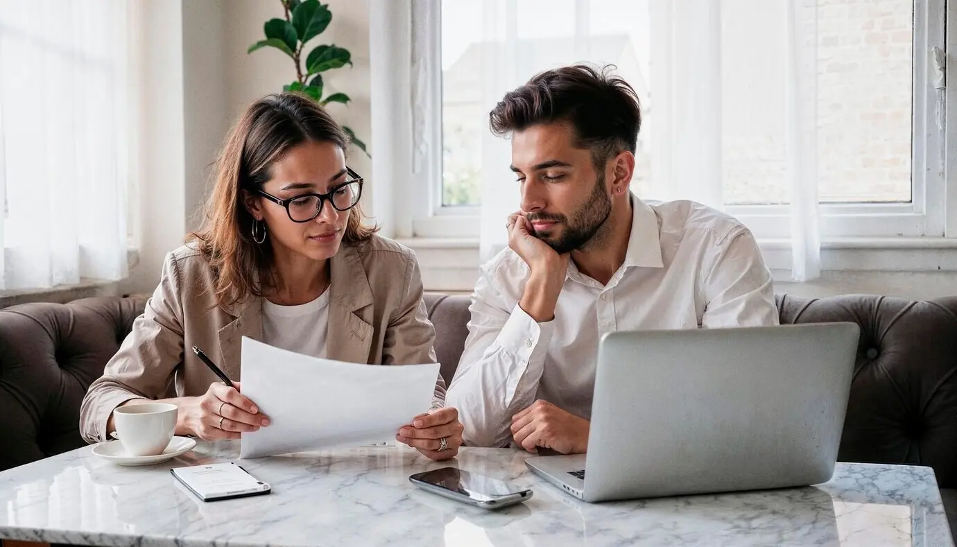 A man and a woman collaborating on business tasks at a marble desk.